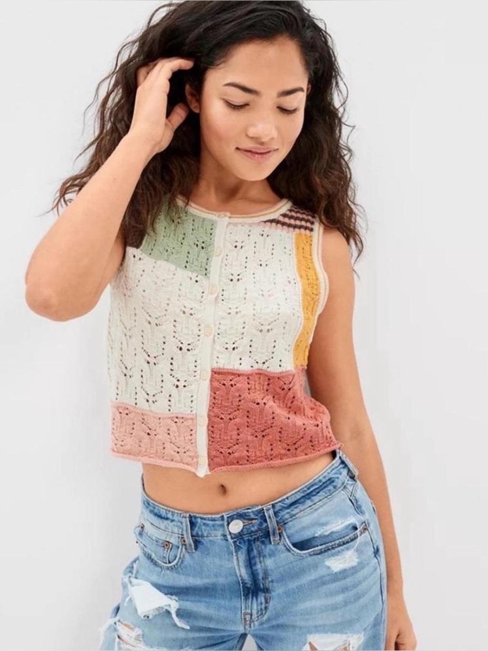 American Eagle Cream, Pink, Green & Mustard Crochet Knit Patchwork Vest XS